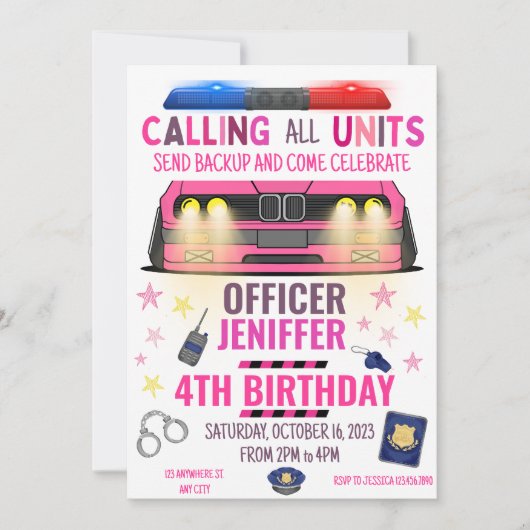 Polizeichef Girl Pink Geburtstag Einladung (Vorderseite)