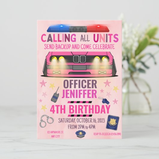 Polizeichef Girl Pink Geburtstag Einladung (Stehend Vorderseite)