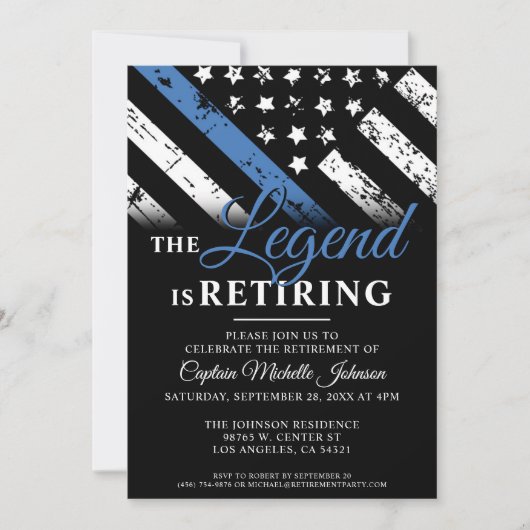 Polizeichef Thin Blue Line Renten Party Einladung (Vorderseite)