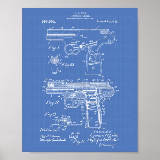Polizeigun 1911 Patentart - Blueprint Poster (Vorne)