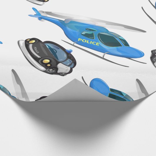 Polizeihubschrauber und Polizeiauto. Geschenkpapier (Ecke)