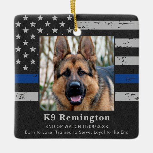 Polizeihund K9 Memorial Foto EOW Thin Blue Line Keramikornament (Vorderseite)