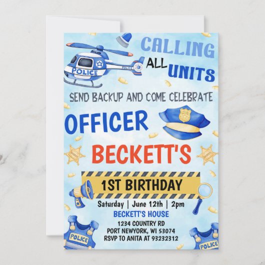 Polizeijunge 1. Geburtstag Party Einladung (Vorderseite)
