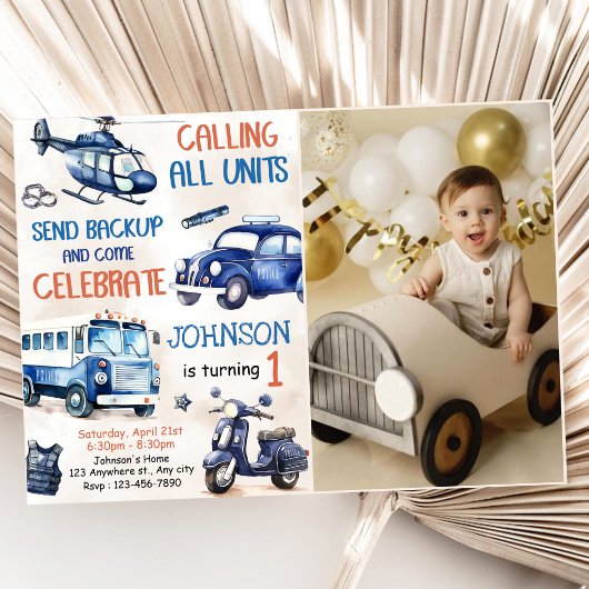 Polizeijunge 1. Geburtstag Party Foto Einladung