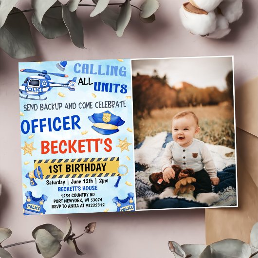 Polizeijunge 1. Geburtstag Party Foto Einladung