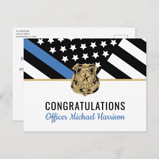 Polizeilicher Abschluss - Blaue Linie - Durchsetzu Einladungspostkarte (Vorne/Hinten)