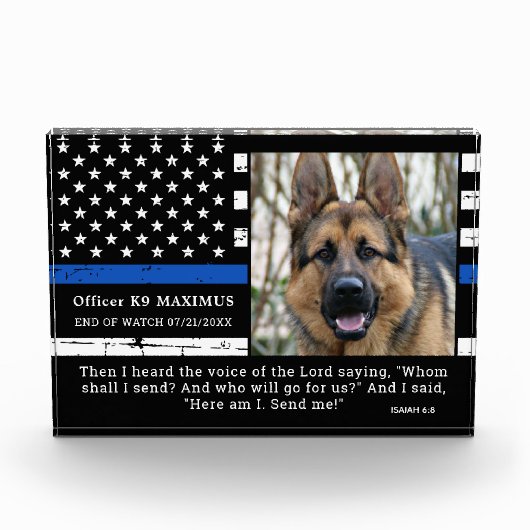 Polizeioffizier von Thin Blue Line Hund K9 Memoria Fotoblock (Vorderseite)