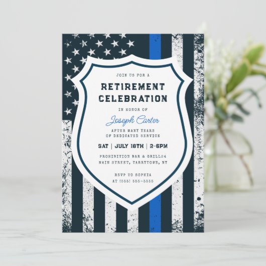 Polizeiretirement Thin Blue Line Flag Einladung (Stehend Vorderseite)