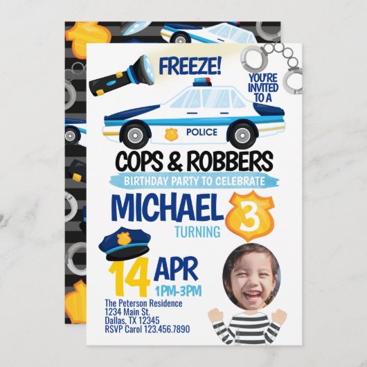 Polizist und Robbers Einladung zur Geburtstagspart (Vorne/Hinten)