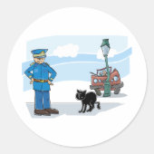 Polizist und schwarze Katze Runder Aufkleber (Vorderseite)