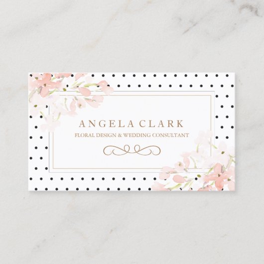 Polk a dots und rosa Aquarellblüten Visitenkarte (Vorderseite)