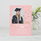 Polka Dot Abschluss Confetti Pink Gold Foto Einladung (Stehend Vorderseite)