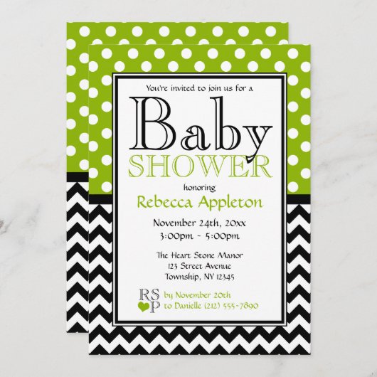Polka Dot Apple Green & Zickzack Baby Dusche Einladung (Vorne/Hinten)