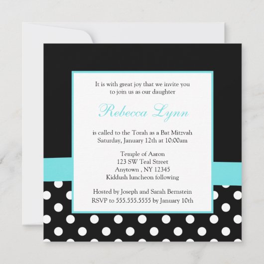 Polka Dot Aquamarin Blue Black Bow Herz Bat Mitzva Einladung (Rückseite)