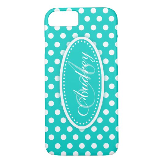 Polka dot aquamarine aqua name iPhone case (Rückseite)