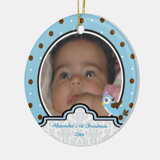 Polka dot baby boy first Christmas Foto Keramik Ornament (Links)