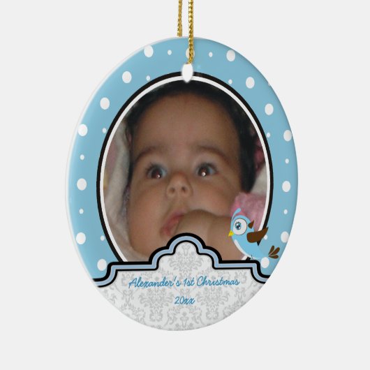 Polka dot baby boy first Christmas Foto Keramik Ornament (Rechts)