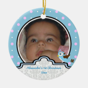Polka dot baby boy first Christmas Foto Keramikornament