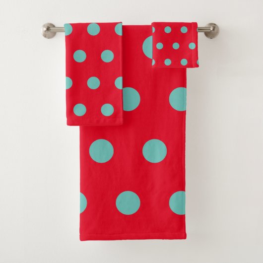 Polka Dot Bath Towels (Red & Aqua) Badhandtuch Set (Insitu)