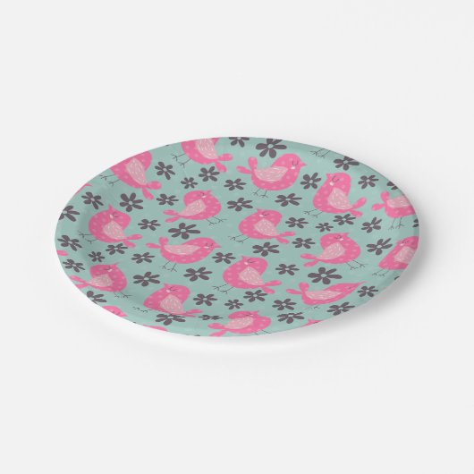Polka Dot Birds und Blume Pappteller (Schrägansicht)