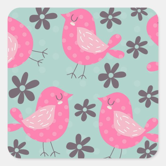 Polka Dot Birds und Blume Quadratischer Aufkleber (Vorderseite)