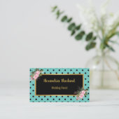 POLKA DOT BLACK GOLD AQUA FLORAL BUSINESS CARD VISITENKARTE (Stehend Vorderseite)