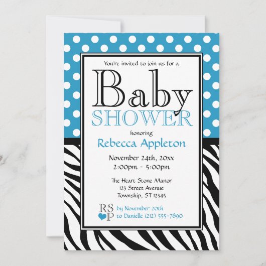 Polka Dot Blue & Zebra Print Baby Dusche Einladung (Vorderseite)