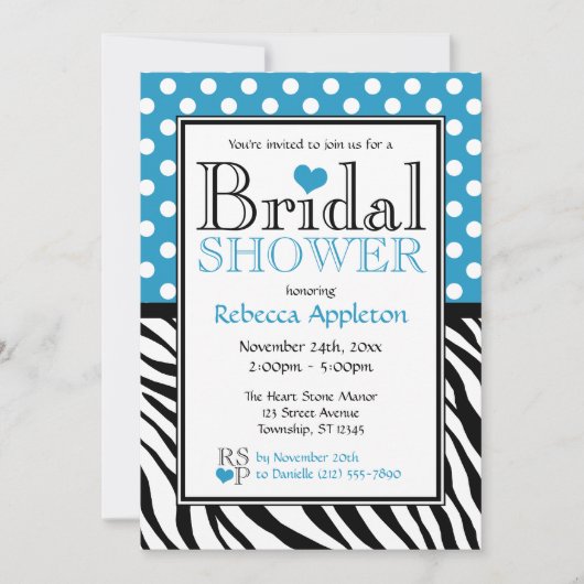 Polka Dot Blue & Zebra Print Brautparty Einladung (Vorderseite)