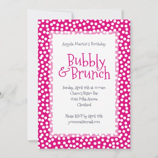 Polka Dot Bubbly und Brunch Hot Pink Einladung (Vorderseite)