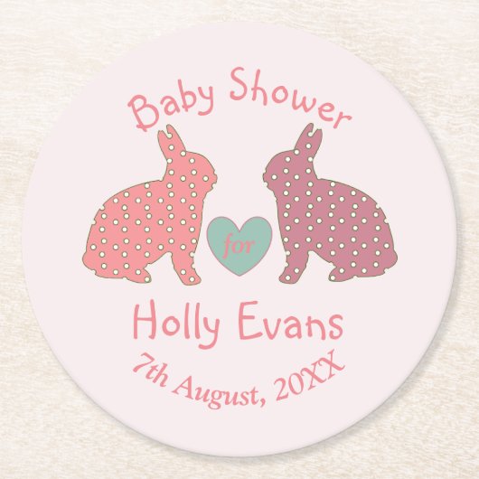 Polka Dot Bunnies Custom Baby Shower Runder Pappuntersetzer (Vorderseite)