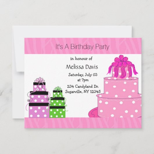 Polka Dot Cake und präsentiert Einladung zum Gebur (Vorderseite)