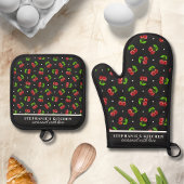 Polka Dot Cherries Black Personalisiert Ofenhandschuh & Topflappen-Set