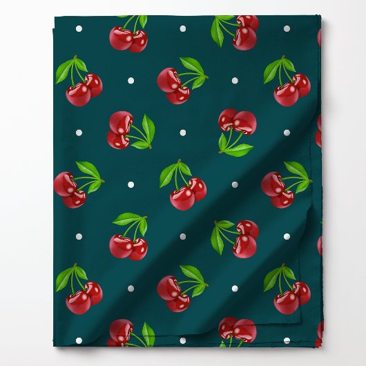 Polka Dot Cherries on Dark Aquamarin Stoff