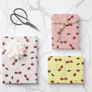 Polka Dot Cherry Muster Creme White Yellow Pink Geschenkpapier Set