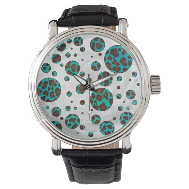 Polka Dot Cow Brown und Aquamarin Print Armbanduhr (Vorderseite)