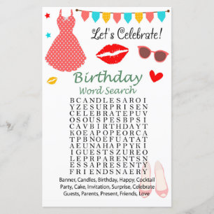 Polka dot dress Birthday Word Search Game