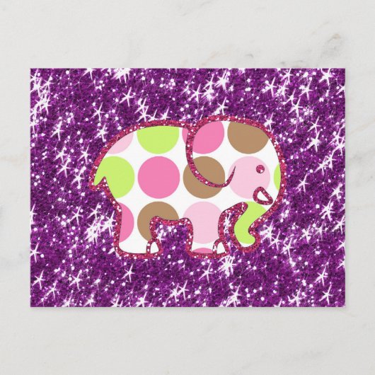 Polka Dot Elephant Funkelnd Lila Girls Postkarte (Vorderseite)