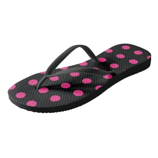 Polka Dot Flip Flops (Schwarz & Neon Pink) Badesandalen (Schrägansicht)
