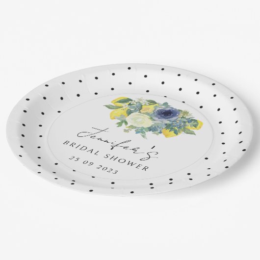 Polka dot gelb blauer Lemon Bridal Papierplatte Pappteller (Schrägansicht)