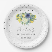 Polka dot gelb blauer Lemon Bridal Papierplatte Pappteller (Vorderseite)
