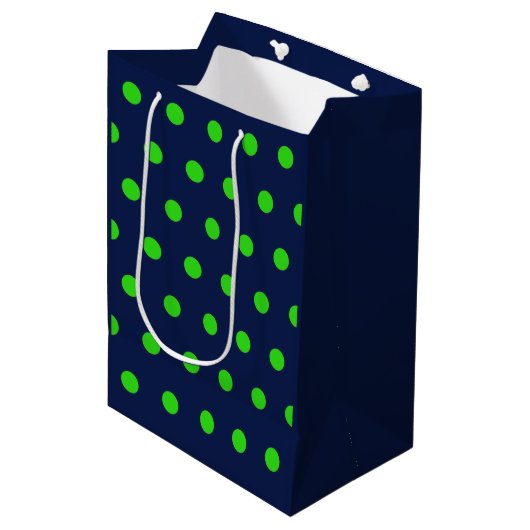 Polka Dot Geschenktasche (Navy Blue & Lime Green) Mittlere Geschenktüte (Vorderseite Schrägansicht)