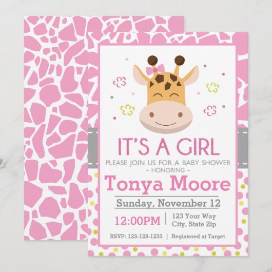 Polka Dot Giraffe Babydusche Einladung (Mädchen) (Vorne/Hinten)