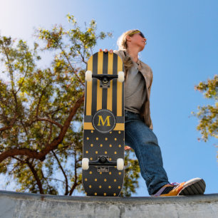 Polka Dot Golden Yellow and Black Strips Skateboard