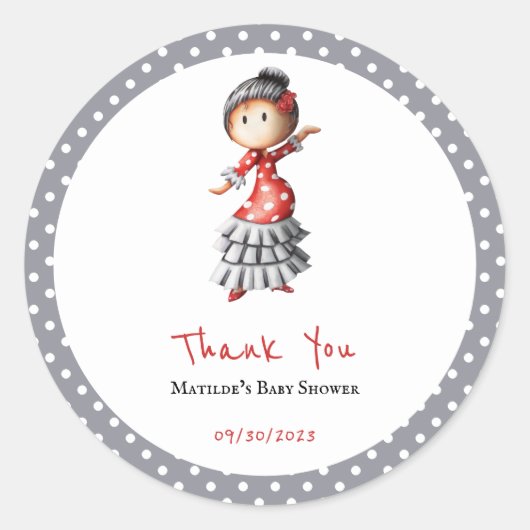 Polka Dot Gray White Flamenco Sevillana Dancer Runder Aufkleber (Vorderseite)