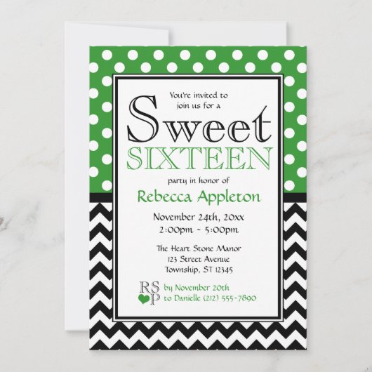 Polka Dot Green Zickzack 16 . Geburtstag Einladung (Vorderseite)