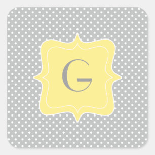 Polka Dot Grey und Yellow Monogram Quadratischer Aufkleber