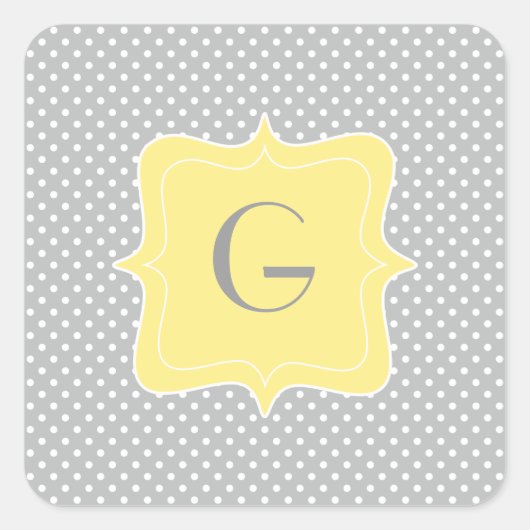 Polka Dot Grey und Yellow Monogram Quadratischer Aufkleber (Vorderseite)