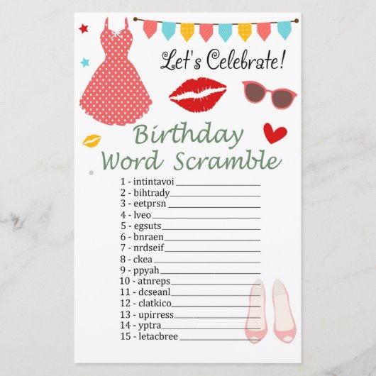 Polka dot kleid Geburtstag Word Scramble Game (Vorderseite)
