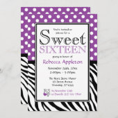 Polka Dot Lila & Zebra Print 16 . Geburtstag Einladung (Vorne/Hinten)