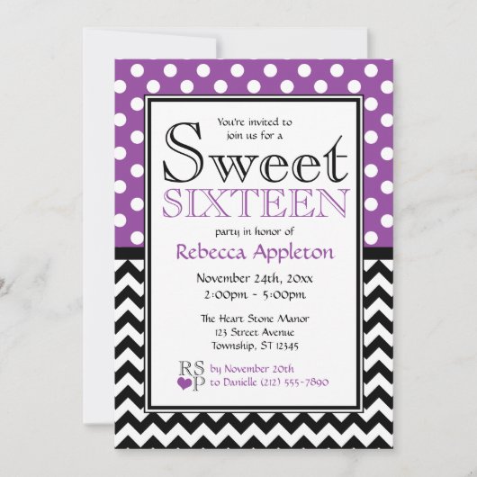 Polka Dot Lila Zickzack Einladungen für 16 . Gebur (Vorderseite)